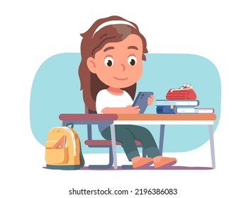 Schoolgirl kid studying using mobile phone. Student girl person solving problems on cell smartphone sitting at school desk. Education, learning app technology concept flat vector illustration