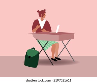 Schoolgirl with laptop or computer at school desk isolated, flat vector stock illustration