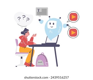 Schoolgirl with laptop studying with chat bot. Online computer app with ai robotic assistance on the screen. Artificial intelligence help, digital education vector cartoon illustration