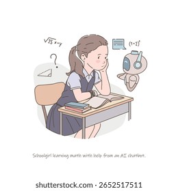  Schoolgirl learning math with AI chatbot. Educational vector illustration in pastel tones, highlighting smart learning and digital support in education.
