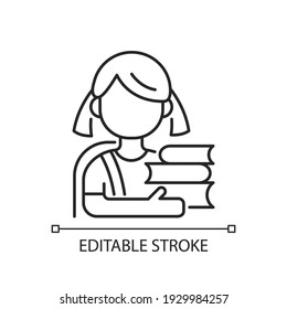 Schoolgirl Linear Icon. Physical, Cognitive Growth. Mental Development. Elementary Education. Thin Line Customizable Illustration. Contour Symbol. Vector Isolated Outline Drawing. Editable Stroke