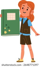 Schoolgirl with long hair holding a large notebook in a playful cartoon style. Young student cheerfully presenting a big journal with a grid pattern and star stickers. Cartoon vector illustration.