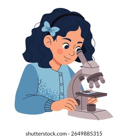 Écolière regardant à travers le microscope dans le style plat, illustration de classe de Science. Expérience De Laboratoire De Biologie Pour Enfants, Concept D'Éducation. Parfait pour les affiches, les projets scolaires et la foire de la Science