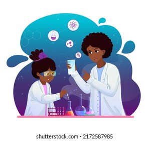 Schoolgirl makes a chemical experiment. The concept of home education and online chemistry courses. Vector colorful illustration.