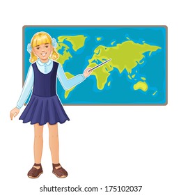 Schoolgirl at map of the world, eps10