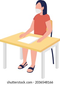 Schoolgirl in mask at lesson semi flat color vector character. Girl figure. Full body person on white. After covid isolated modern cartoon style illustration for graphic design and animation