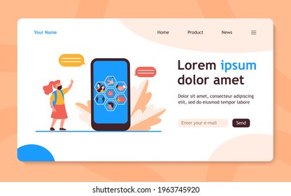 Schoolgirl in mask watching covid prevention tips on cellphone. Guide, instruction, infographics flat vector illustration. Coronavirus, school concept for banner, website design or landing web page