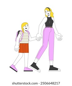 Schoolgirl mother holding hands 2D cartoon characters. Blonde caucasian females isolated flat vector people white background. Parent mom taking daughter to school color spot illustration