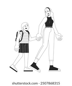 Schoolgirl mother holding hands black and white 2D line cartoon characters. Blonde caucasian female isolated vector outline people. Parent mom taking daughter to school monochromatic spot illustration