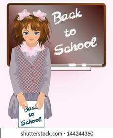 Schoolgirl with notebook Back to school,   vector illustration