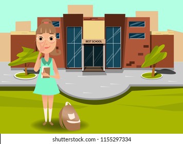 schoolgirl on a school building background.