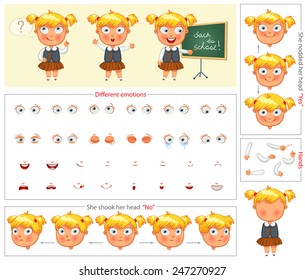 Schoolgirl. Parts of body template for design work and animation. Face and body elements. Funny cartoon character. She nodded her head yes. She shook her head no. Vector illustration. Set