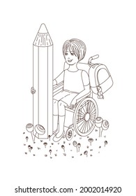 Schoolgirl with a pencil. Contour image on a white background. Coloring book for children. Design element. Vector illustration.