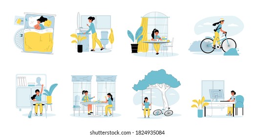 Schoolgirl perform everyday study, leisure set. Girl daily life scene bundle. Schoolchild sleep, do hygiene procedure, eat breakfast, cycle, attend school, have lunch shack, walk, prepare homework