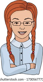 
Schoolgirl with pigtails and glasses. A girl in a shirt folded her arms over her chest. Hand-drawn drawing