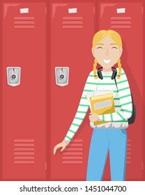 Schoolgirl with pigtails is holding books in her hand. Girl with headphones near school lockers.