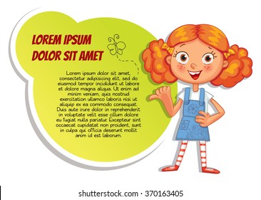 Schoolgirl pointing at a poster. Ready for your message. Colorful template for advertising brochure with a cute happy girl. Funny cartoon character. Vector illustration. Isolated on white background