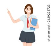 Schoolgirl points enthusiastically while holding folders, Eagerness and engagement in learning. Flat vector illustration isolated on white background