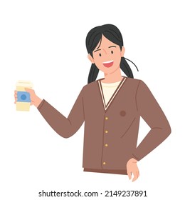A schoolgirl with ponytail is smiling with a coffee in her hand. flat design style vector illustration.