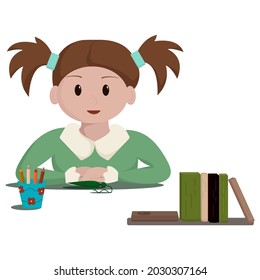 schoolgirl with ponytails is ready for lesson