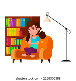 Schoolgirl Pupil Thinking In Home Library Vector. School Girl Sitting In Armchair And Thinking Or Choosing For Reading Educational Book. Character Enjoying Literature Flat Cartoon Illustration
