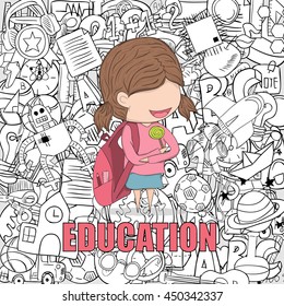 Schoolgirl pupils back to school background, drawing by hand vector