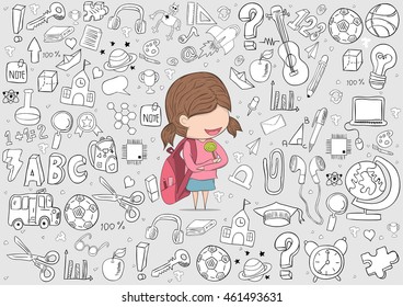 Schoolgirl pupils back to school background, drawing by hand vector