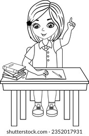 Schoolgirl Raises Hand in Lesson for Coloring Page. Education concept. Vector Illustration of a Girl Sitting in the Lesson