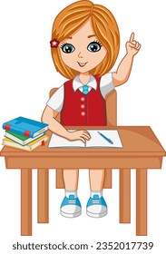 Schoolgirl Raises Hand in Lesson. Education concept. Vector Illustration of a Girl Sitting in the Lesson