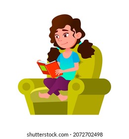 Schoolgirl Reading Book In Living Room Vector. Caucasian School Girl Sitting In Chair Furniture And Read Interesting Book Story. Character Enjoy Literature At Home Flat Cartoon Illustration