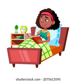 Schoolgirl Reading Book Story In Bedroom Vector. African School Girl Laying In Bed And Read Interesting Book. Character Lady Enjoying Literature And Learning Flat Cartoon Illustration