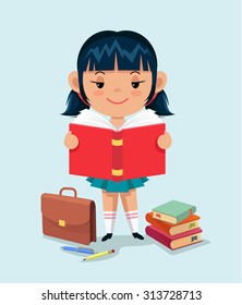 Schoolgirl reading a book. Vector flat illustration