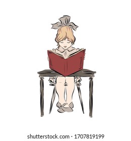 Schoolgirl reads book while sitting at desk. First grader in class. 