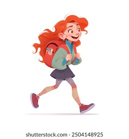 Schoolgirl with red hair, wearing backpack is walking. Happy smiling kid go to lessons. Back to school concept. Isolated background. Flat cartoon vector illustration