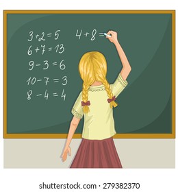Schoolgirl resolves mathematical tasks on blackboard, eps10