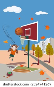 a schoolgirl returning from school put her school bag and textbook on the playground, throws the ball into a basketball basket against the background of trees, falling leaves, a clear sky with clouds