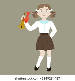 schoolgirl ringing her bell. Last school bell vector. A girl in a school uniform.