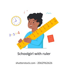 Schoolgirl with ruler. Girl preparing for lessons. Character goes for drawing. School supplies, tools. Kid goes to geometry, mathematics. Student, education. Cartoon flat vector illustration