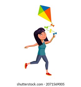 Schoolgirl Running With Air Kite Outside Vector. Happiness Asian School Girl Run With Kite Toy In Park. Chinese Character Offspring Kid Playing And Sport Activity Flat Cartoon Illustration