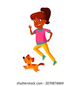 Schoolgirl Running With Dog Animal Outdoor Vector. Happy Hispanic School Girl Running With Pet Puppy In Park. Character Infant With Positive Emotion Sport Time Flat Cartoon Illustration
