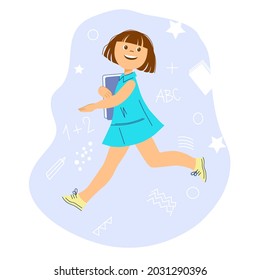 Schoolgirl runs to school. She is holding a book. The girl is happy to go to school. Hand drawn flat style. Cartoon. Colourful vector illustration.