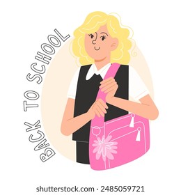 A schoolgirl with a school bag on her shoulder