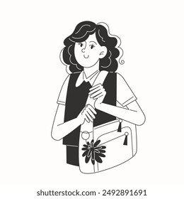 A schoolgirl with a school bag on her shoulder in black and white illustration