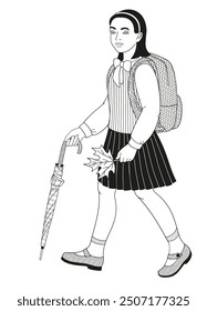 schoolgirl in school uniform with backpack and umbrella