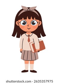 Schoolgirl in school uniform with a book. Flat vector illustration.