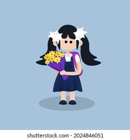 Schoolgirl in a school uniform and flowers, bows, a backpack. Vector graphics. September 1