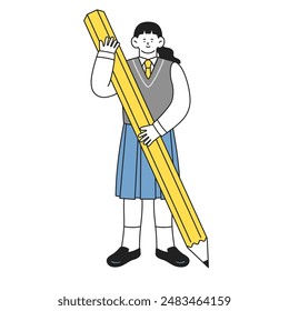 Schoolgirl in school uniform holding a large pencil in her hand