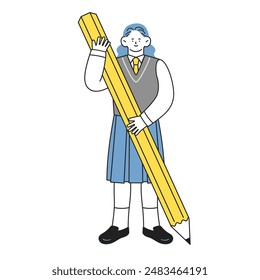 Schoolgirl in school uniform holding a large pencil in her hand