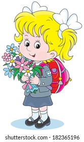 schoolgirl with a schoolbag and holiday bouquet of flowers