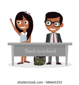 Schoolgirl and schoolboy sitting at Desk and raise my hand in class.